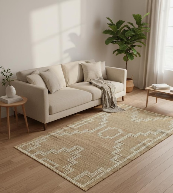 Handwoven Jute Rug with Cotton Embroidery – Rustic Boho Floor Mat, Natural Fiber Home Decor