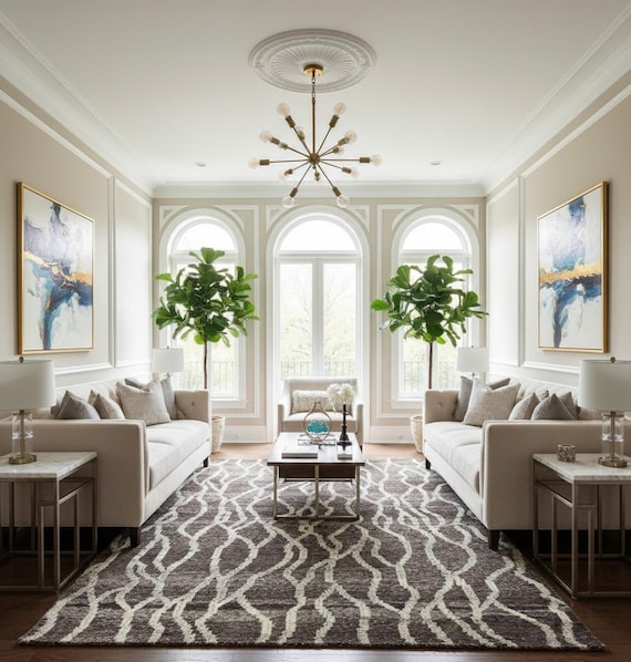 Handwoven Wool Rug – Dark Brown & Ivory Wave Pattern Area Rug, Modern Boho Textured Floor Mat