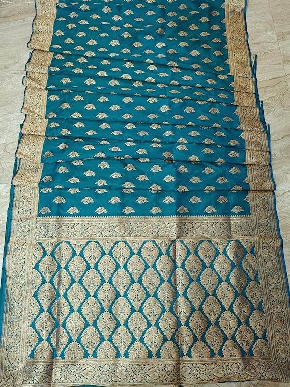 Sky blue traditional banarsi silk saree with gold zari