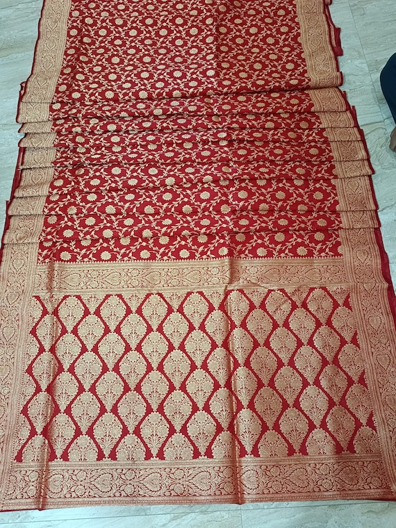 Red traditional banarsi silk saree with golden zaru weave