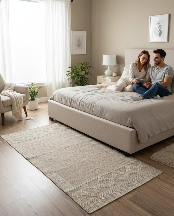 Handwoven Natural Jute Rug | Beige & Ivory Border Design Flatweave Rug | Minimalist Boho Eco Friendly Area Rug