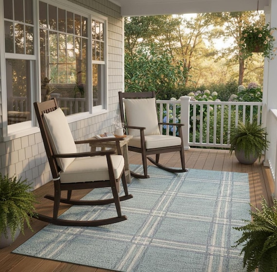 Handwoven Wool Plaid Area Rug, Light Blue Grey Checkered Carpet