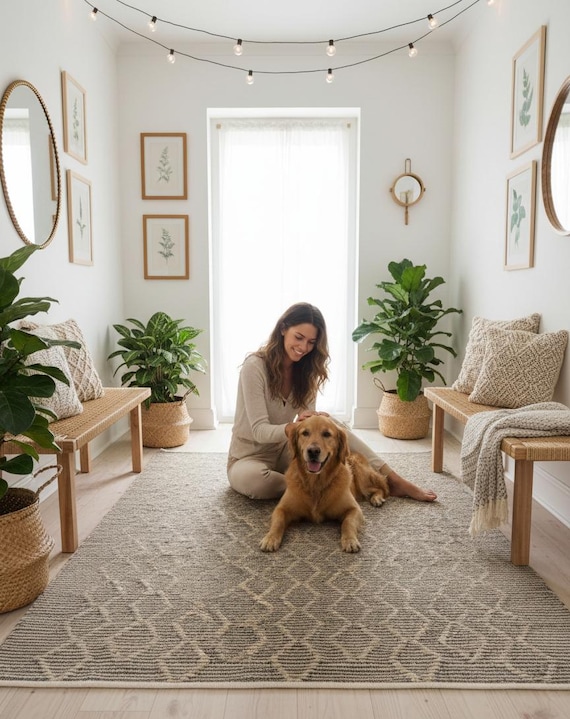 Handwoven Natural Jute Rug with Diamond Pattern | Eco Friendly Flatweave Area Rug | Boho Farmhouse Living Room Bedroom Carpet