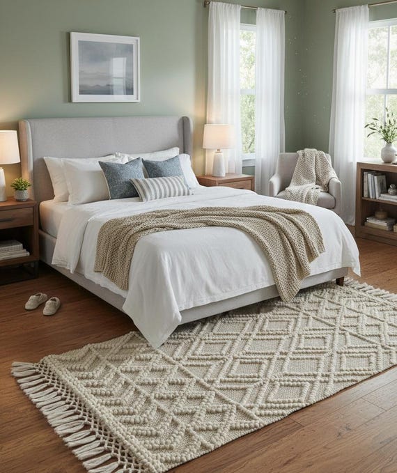 Handwoven Cotton Dhurrie Rug, Neutral Diamond Pattern with Tassels