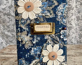 Shabby Boho Denim-Blue Tapestry Floral Handmade Softcover Fabric Junk Journal