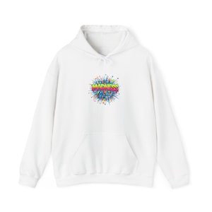 May include: White hooded sweatshirt with a front pocket and drawstring. The design features the word "MADNESS" in a bubble letter style, surrounded by a burst of blue, green, and orange lines.