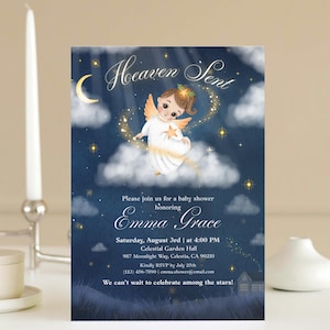 Angel Baby Shower Invitation: Celestial Theme, Stars & Moon (Canva Template, Digital Download