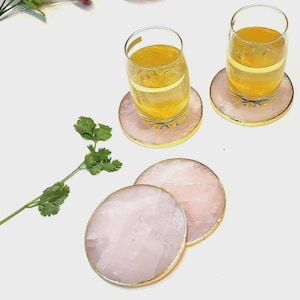 Gold Electroplated Rose Quartz Coaster: Elegant Crystal Coffee Table Decor