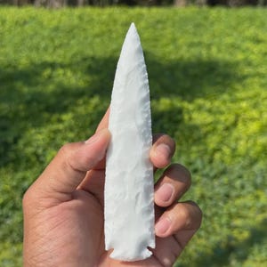White Jade Glass Arrowhead: Hand-Knapped Crystal Flint Stone, 5.5-6&quot;