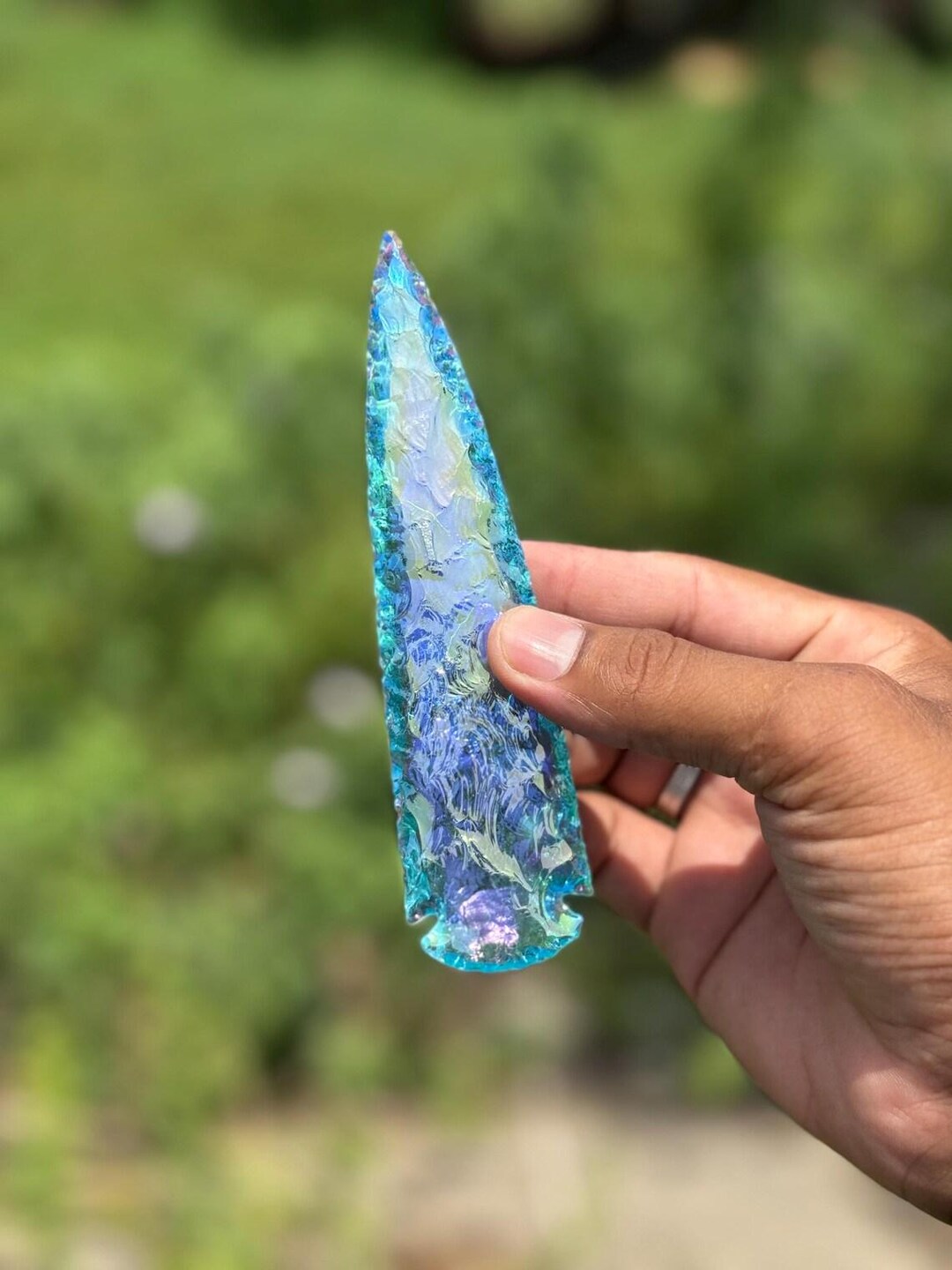 Blue Aqua Angel Aura Obsidian Arrowhead: Handmade Crystal Gemstone
