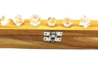 Clear Quartz Platonic Solids Set: Sacred Geometry Crystals with Wooden Box