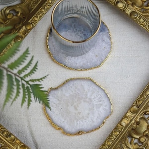 Electroplated Gold Rim Agate Coaster: Natural White Crystal Slice