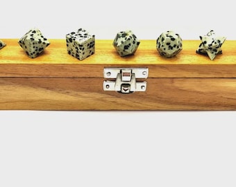 Dalmation Jasper Platonic Solids Set: Sacred Geometry with Wooden Box