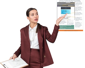 以下が含まれることがあります： バーガンディ色のスーツを着た女性が、「Phishing Email: How To Spot It」というタイトルのドキュメントを指しています。ドキュメントにはオレンジ色のヘッダーがあり、フィッシングメールの警告サインがリストされています。彼女はペン付きのクリップボードを持っています。