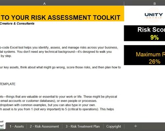 May include: A digital risk assessment toolkit for small businesses, creators, and consultants. The spreadsheet includes sections for risk score and maximum risk, with values of 9% and 26% respectively. The text reads "Welcome to Your Risk Assessment Toolkit".