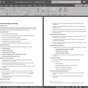 May include: A document titled "Artificial Intelligence (AI) Policy" is open on a computer screen. The document is formatted with a white background and black text, outlining guidelines for AI use.