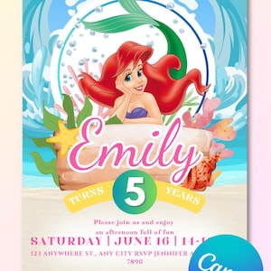 Girly Ariel Birthday Invitation | 5x7 Canva Editable Template | Digital Download | Disney princess party | Mermaid | Pool party | Summer