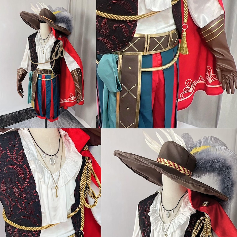 May include: A detailed costume featuring a brown hat with feather accents, a red cape, and a vest with a paisley pattern. The outfit includes a white ruffled shirt, a gold rope belt, and striped pants in red, blue, and green. Accessories include a necklace and gloves.