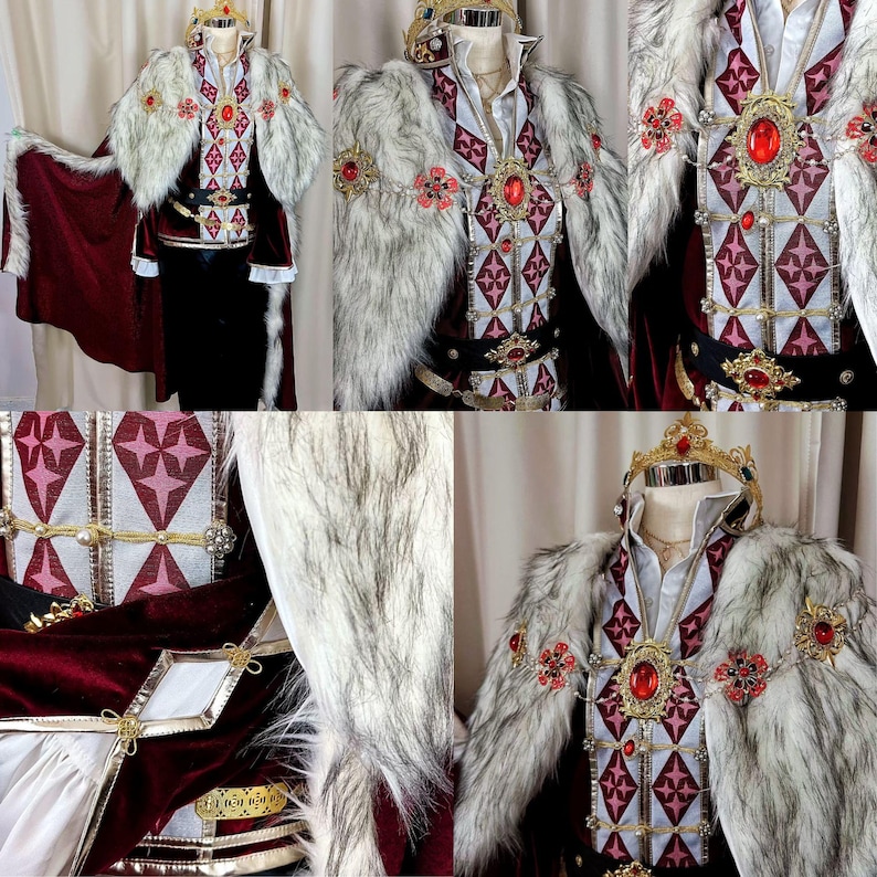 May include: A regal costume featuring a red and white patterned vest with gold accents, a fur-trimmed cape, and a gold crown. The ensemble includes a black skirt and a decorative belt with red jewels. The costume is designed with intricate details.