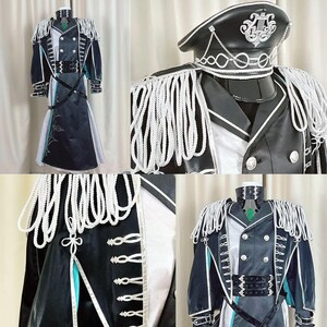 May include: A black and white cosplay costume with a military-style design. The outfit includes a jacket with white rope epaulettes, a matching hat, and a long skirt. Silver buttons and trim add detail to the ensemble.