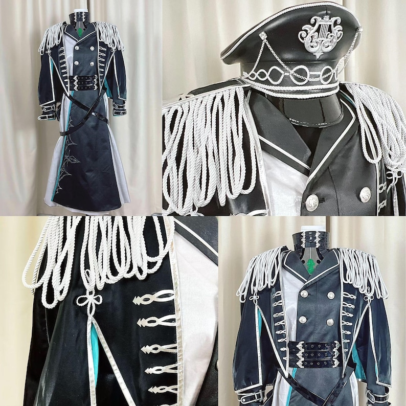 May include: A black and white cosplay costume with a military-style design. The outfit includes a jacket with white rope epaulettes, a matching hat, and a long skirt. Silver buttons and trim add detail to the ensemble.