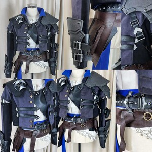 May include: A detailed cosplay outfit featuring a navy blue jacket with black accents, silver buttons, and shoulder armor. The ensemble includes a brown leather belt, matching arm guards, and a white undershirt with blue trim. The costume is displayed on a mannequin.