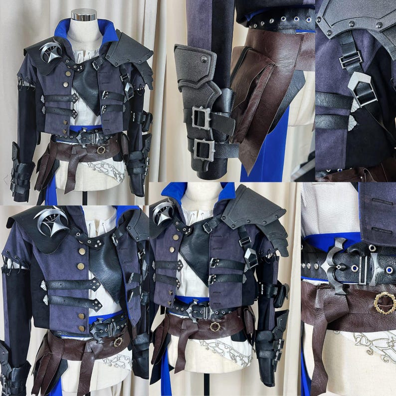 May include: A detailed cosplay outfit featuring a navy blue jacket with black accents, silver buttons, and shoulder armor. The ensemble includes a brown leather belt, matching arm guards, and a white undershirt with blue trim. The costume is displayed on a mannequin.