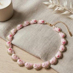 Pink Scallop Seed Bead Choker, Handwoven Shell Pattern Collar, Coquette Beach Vacation Jewelry