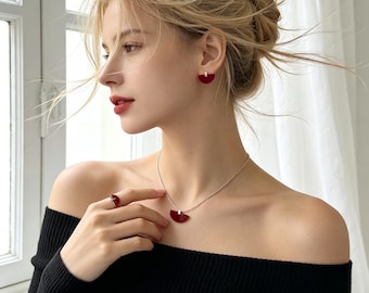 Red Agate Half Moon Jewelry, Necklace Earrings or Ring, Minimalist Geometric Gift