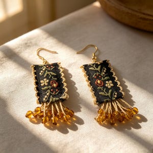 Embroidered Flower Earrings,Handmade Floral Fabric Dangle,Boho Cottagecore Jewelry,Vintage Amber Beaded Tassel Drops,Unique Gift for Her