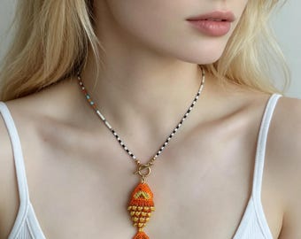 Colorful Fish Pendant Necklace, Handmade Miyuki Seed Bead Jewelry, Ocean Inspired Boho Accessory, Gift for Her
