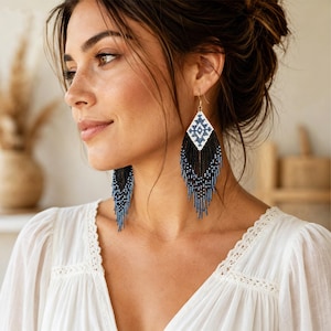 Navy Black Geometric Fringe Earrings, Extra Long Seed Bead Tassels, Beach Bar Vacation Jewelry