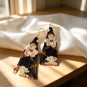 Boho Floral Seed Bead Fringe Earrings-Long Dangle Statement Earrings- Black Brown Handmade Beaded Jewelry