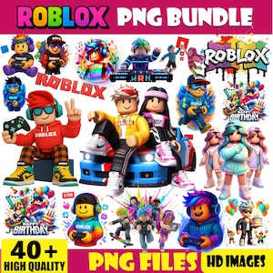 May include: A digital collection of Roblox-themed character illustrations featuring various avatars in colorful outfits, gaming gear, and birthday-themed graphics, with the text ROBLOX PNG BUNDLE and 40+ HIGH QUALITY PNG FILES HD IMAGES displayed.