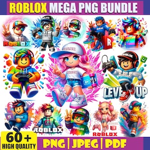 May include: A digital collection of Roblox-themed character illustrations featuring various avatars with colorful hair, headphones, and gaming controllers. The graphics include text elements like Roblox, Level Up, and 60+ High Quality PNG, JPEG, PDF.