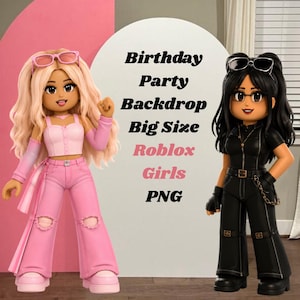 May include: Two stylised digital characters standing on either side of a white arch. The left character has long blonde hair, pink sunglasses, a pink crop top, and pink trousers. The right character has black hair, black sunglasses, and a black outfit.