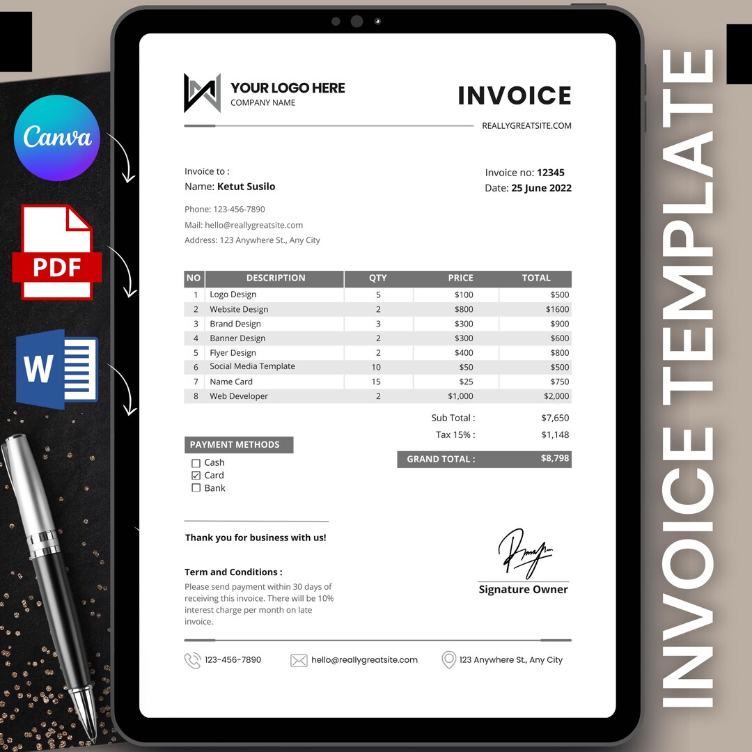 Modeling Invice Example Invoice Template |fillable PDF & Editable Canva Form for Small Business ...