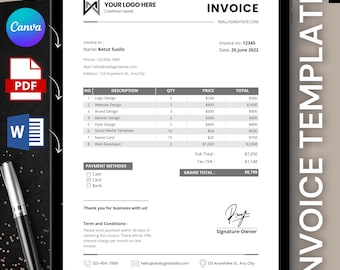 Invoice Template |Fillable PDF & Editable Canva Form for Small Business |Invoice canva template | invoice word template | invoice form canva