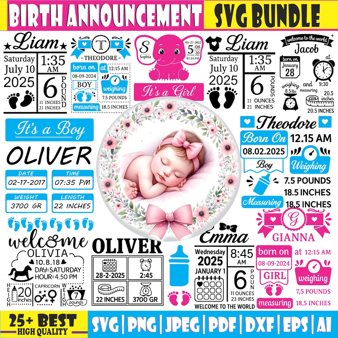 Birth Announcement SVG Bundle: Baby Stats Templates (digital Download ...