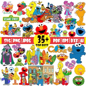 May include: A collection of Sesame Street character graphics, including Elmo, Big Bird, Cookie Monster, and others. The image includes the text "Sesame Street," "Cookies," and "Birthday Boy." Formats include SVG, PNG, JPEG, PDF, EPS, DXF, and AI.