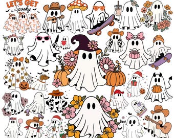May include: A collection of white ghost illustrations with various accessories, including cowboy hats, sunglasses, and flowers. The text "CUTE GHOST 42 MEGA SVG BUNDLE" and "LET'S GET Spooky" are displayed at the top. The image also includes the text "40+ MEGA HIGH QUALITY SVG PNG JPEG PDF EPS DXF AI".