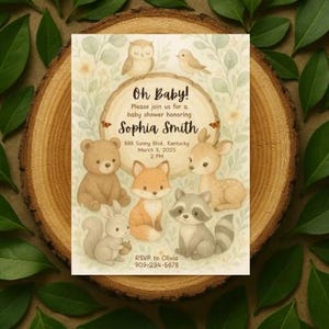Paquete de invitación y juego para baby shower con temática de animales del bosque: Bingo, Quién sabe, Mamá, Deseos para el bebé, Set imprimible de género neutro