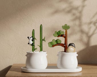 Szklana figurka doniczkowa z bambusa w kształcie pandy, miniaturowa ozdoba sosnowego bonsai, uroczy element wystroju biurka, prezent do domu w stylu zen