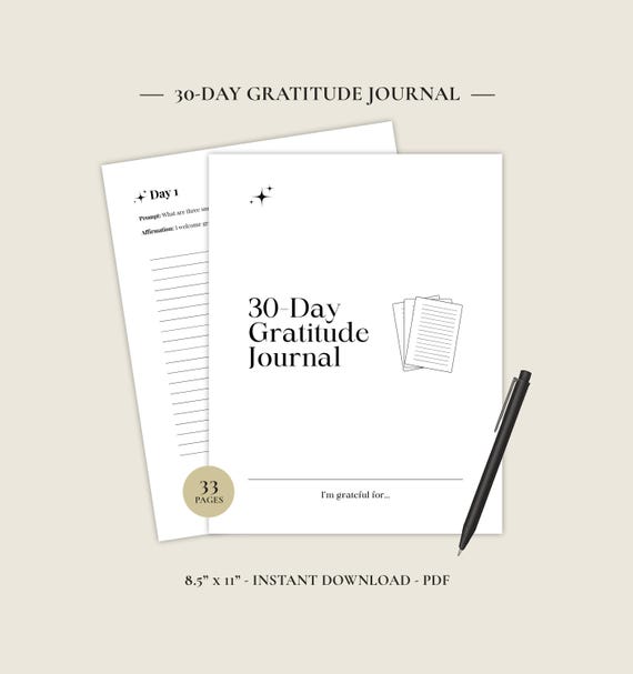 30-Day Gratitude Journal Printable • Daily Reflection Prompts • Instant Download • Self-Care & Mindfulness