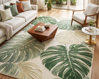 Hand Tufted Cut Pile Wool Rug, Tropical Monstera Leaf Area Rug, Green Botanical Living Room Carpet, Modern Nature Inspired Home Decor Rug