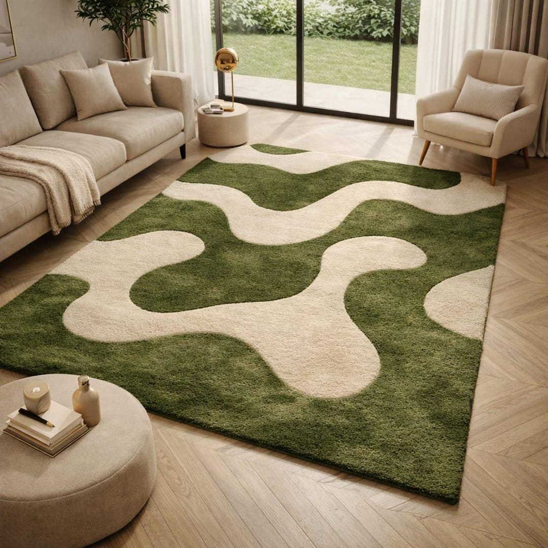 Modern Abstract Green Area Rug, Moss & Cream Organic Shape Rug Mid ...