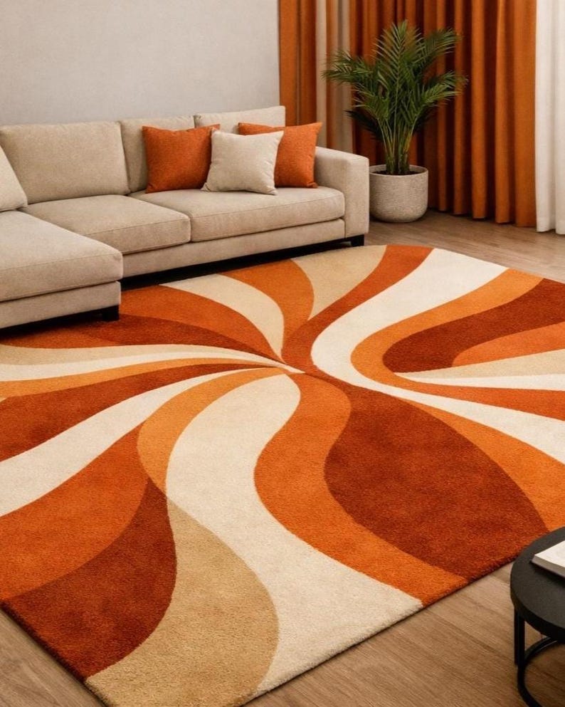 Hand Tufted Wool Rug | Orange White Mid Century Modern Abstract Swirl ...