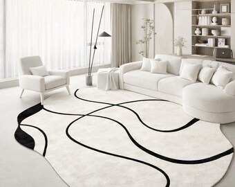 Hand Tufted Modern Wool Rug, Irregular Abstract Area Rug, Black and White Organic Shape Carpet, Luxury Scandinavian Home Decor
