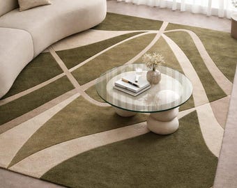 Geometric Green Area Rug, Abstract Olive Green Luxury Wool Rug, Minimalist Living Room Carpet, Neutral Rug, Contemporary Bedroom Decor Rug