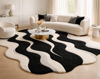 Hand Tufted Wool Rug, Black and White Abstract Area Rug, Modern Wavy Organic Shape Carpet, Contemporary Living Room Rug